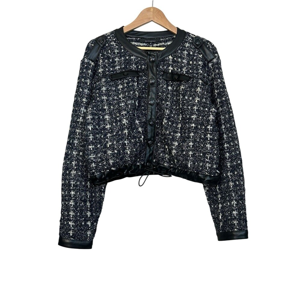 WHBM White House Black Market Womens M Tweed Jacket Faux Leather Trim Moto Chic